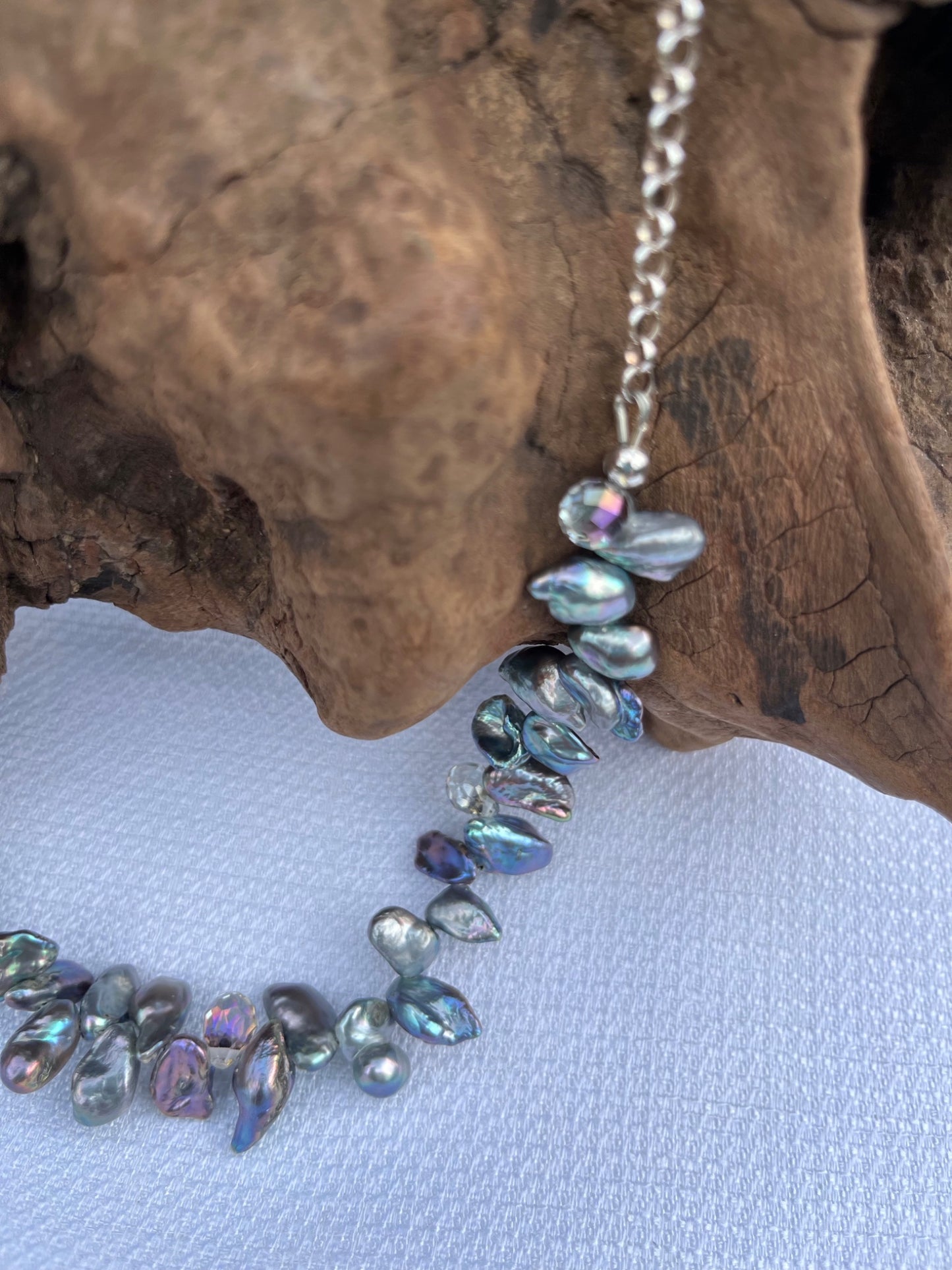 Gray Iridescent, freshwater pearls, Crystals and sterling silver chain necklace. - 2