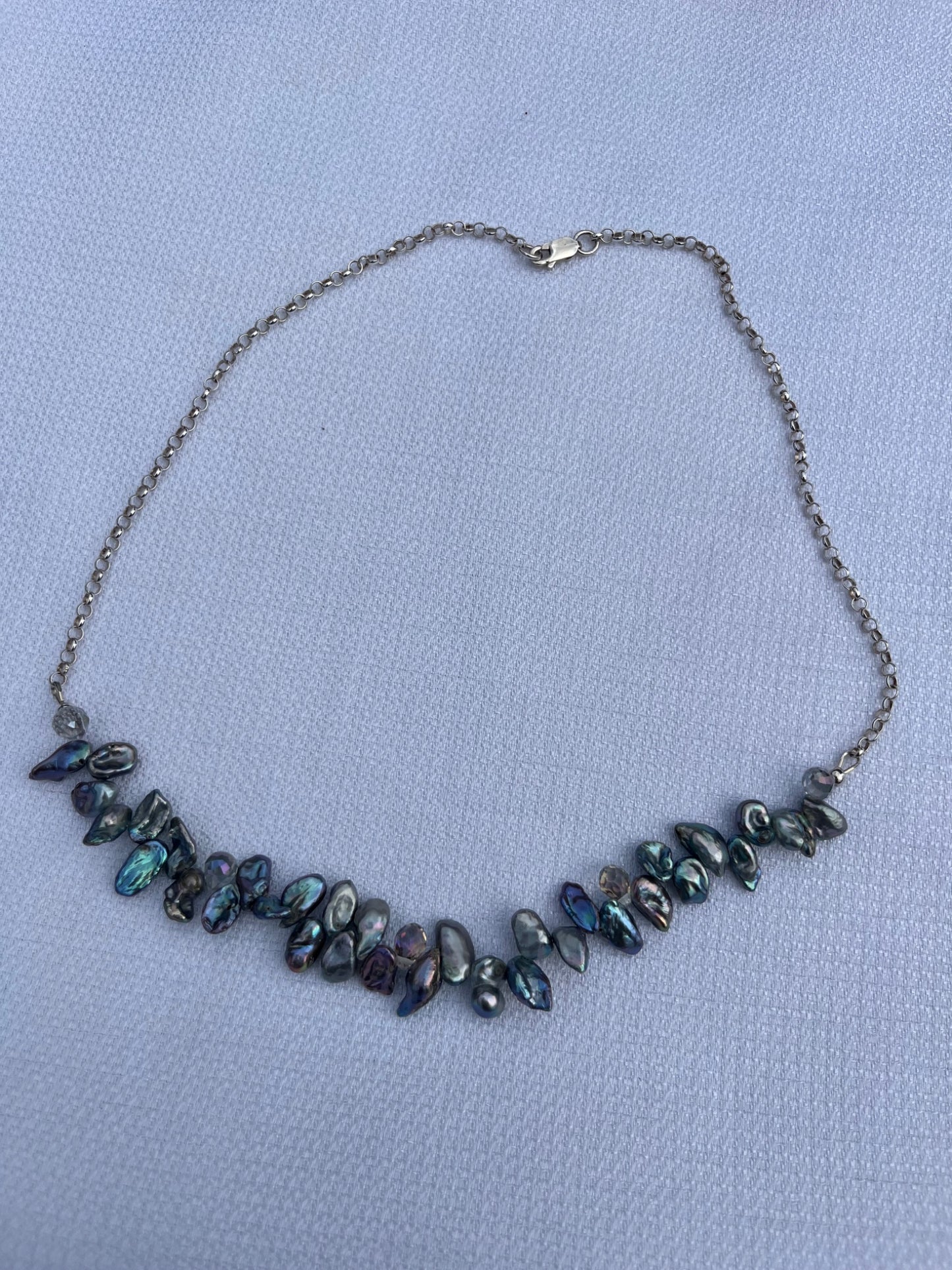 Gray Iridescent, freshwater pearls, Crystals and sterling silver chain necklace. - 3