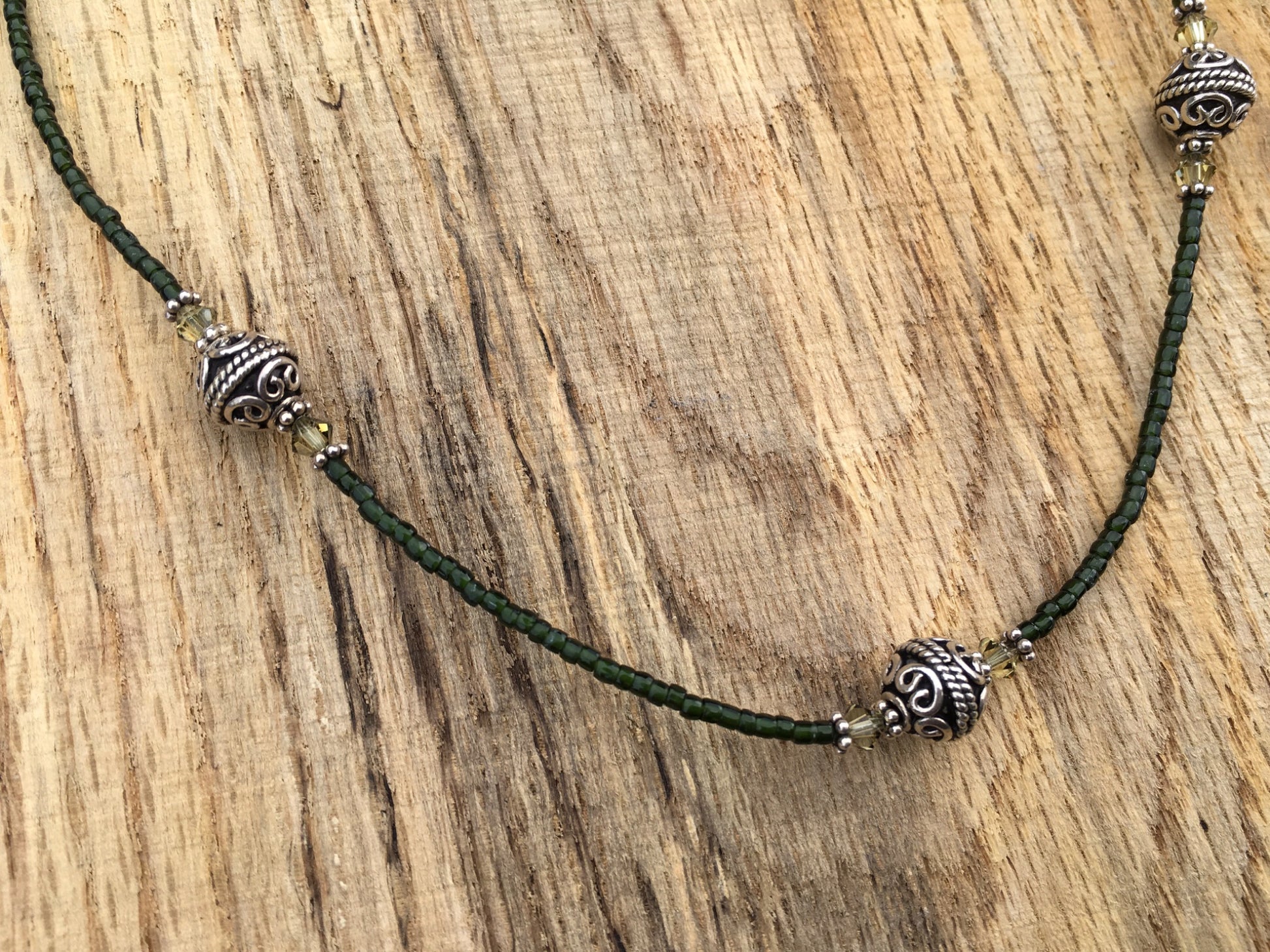 Chunky sterling silver beads, olive green crystals, and seed bead necklace . - 1