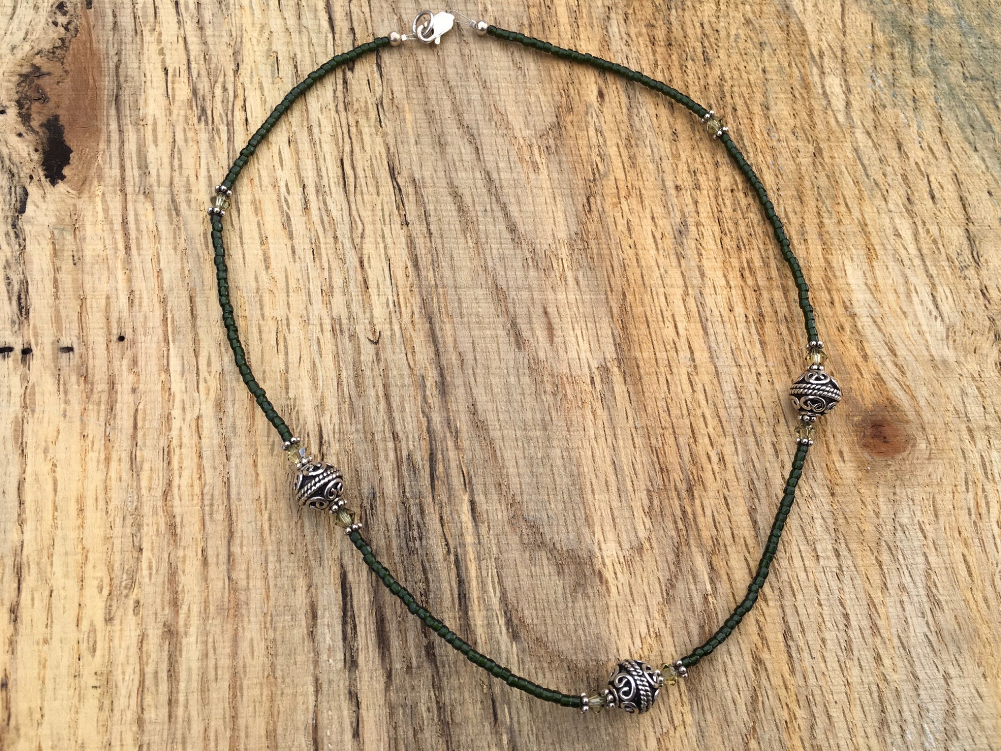 Chunky sterling silver beads, olive green crystals, and seed bead necklace . - 2