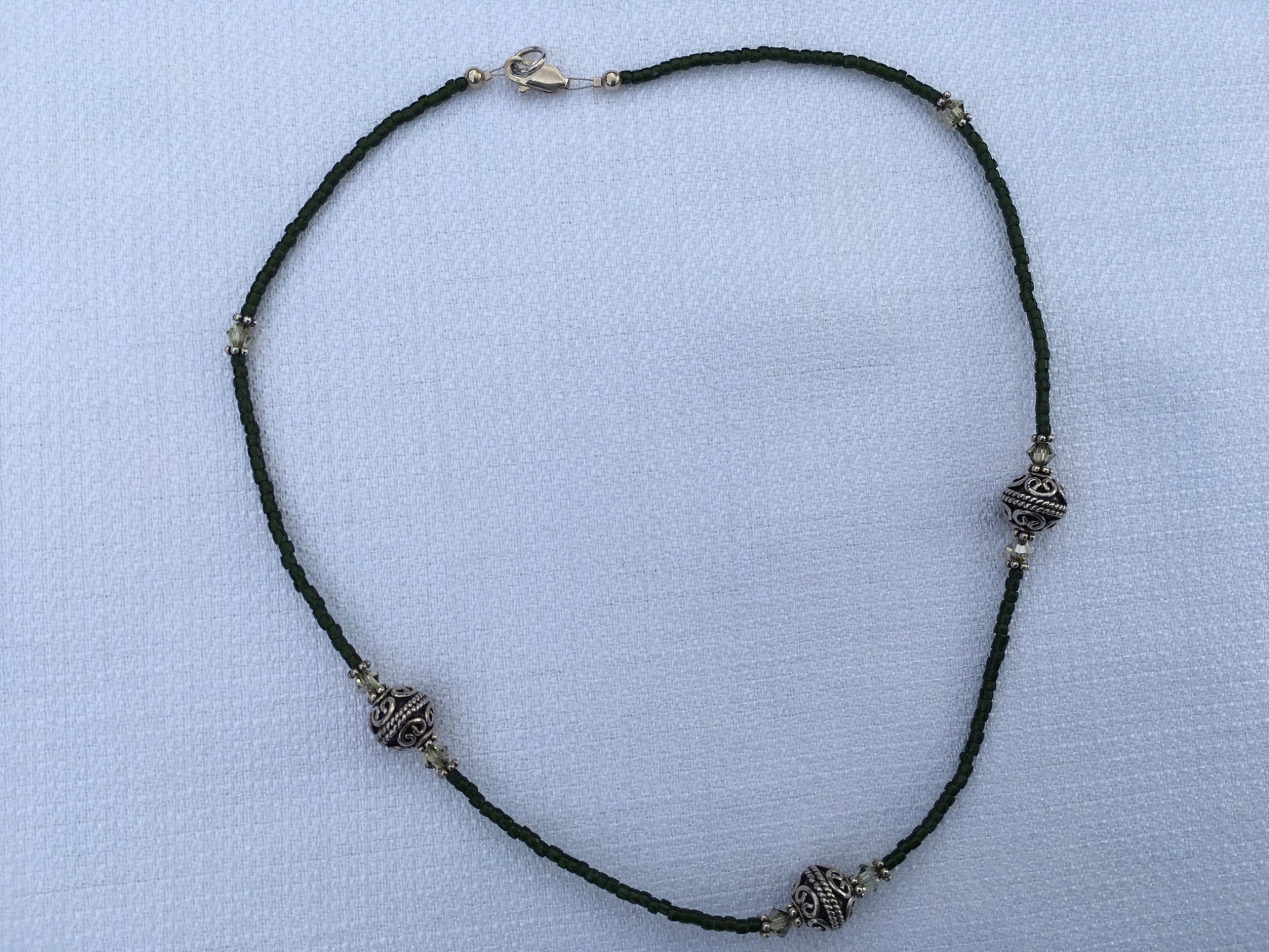 Chunky sterling silver beads, olive green crystals, and seed bead necklace . - 3