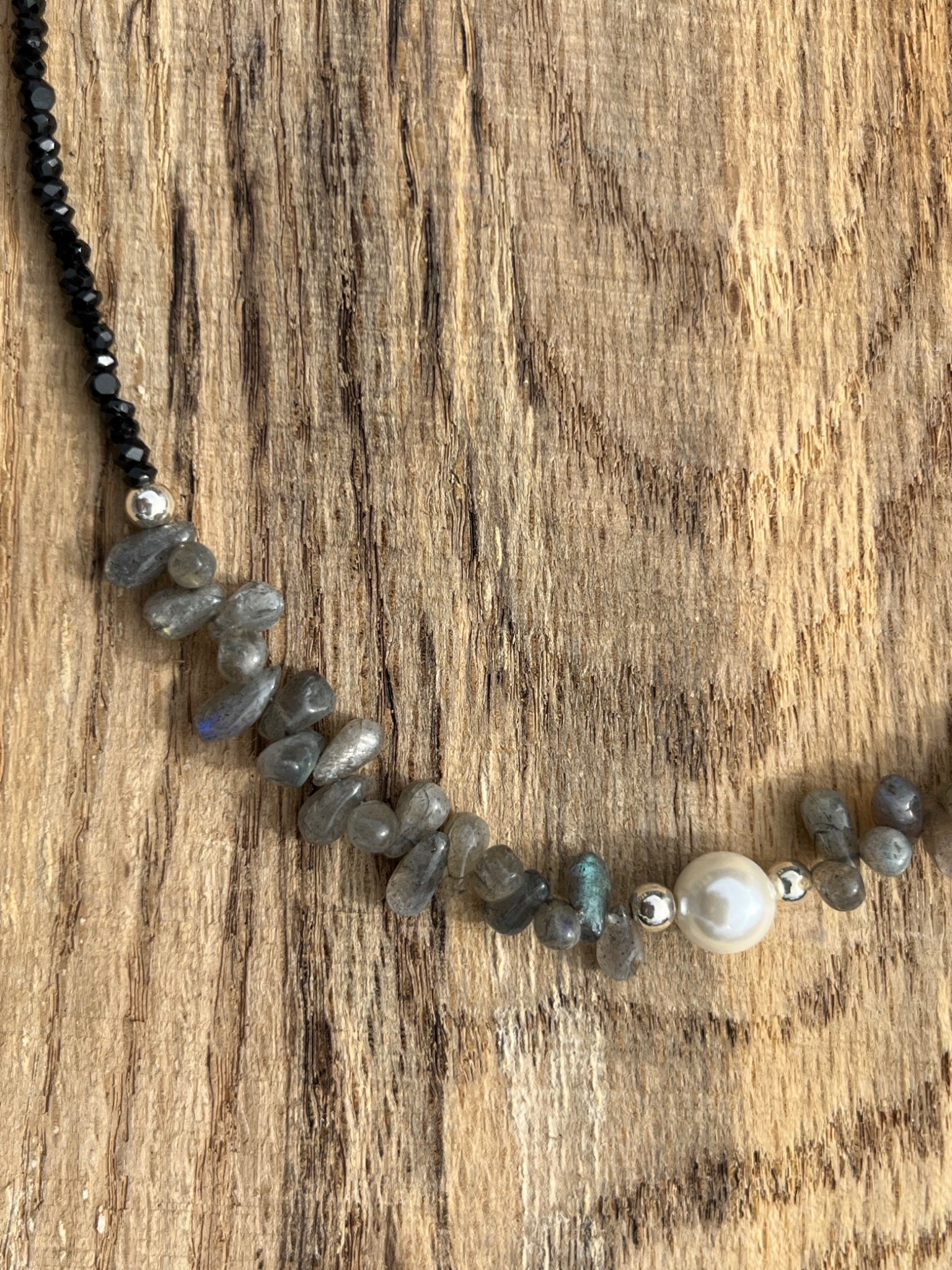 Freshwater pearl, labradorite teardrops, and black tourmaline necklace - 2