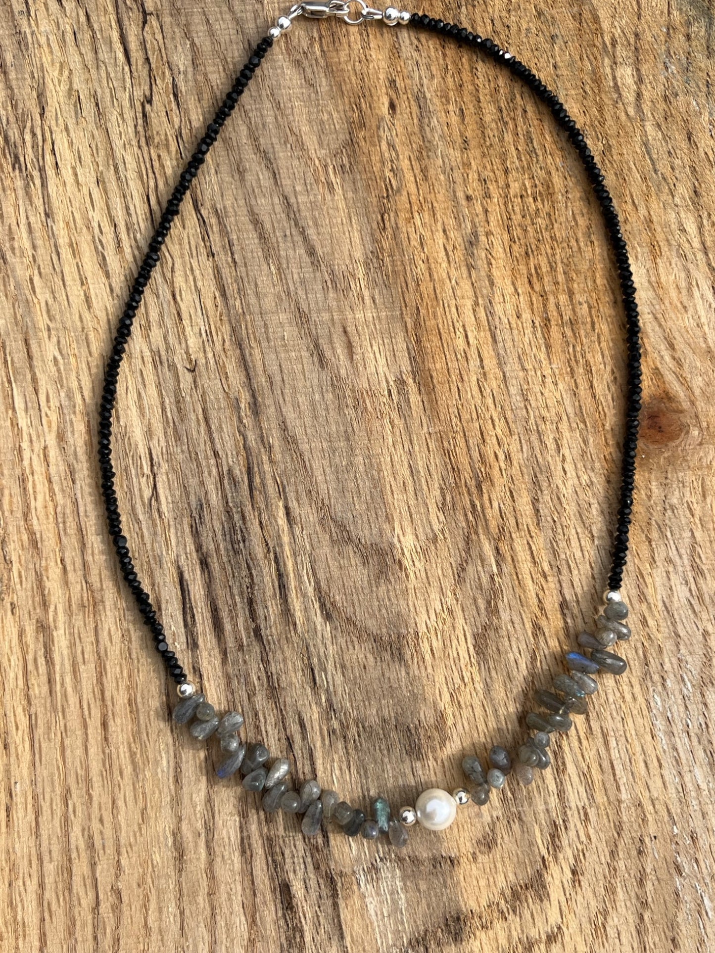 Freshwater pearl, labradorite teardrops, and black tourmaline necklace - 3