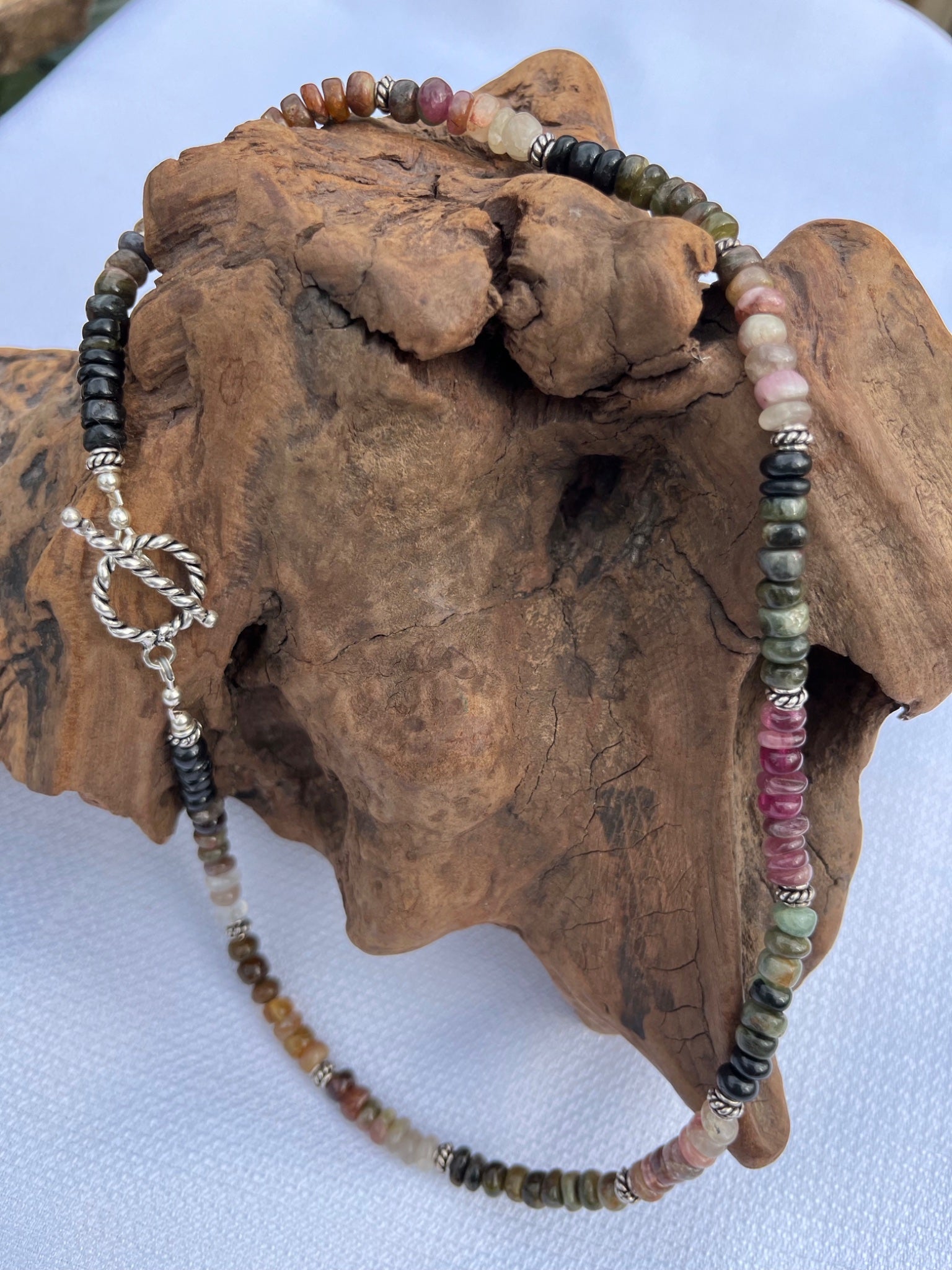 Watermelon Tourmaline Beaded necklace with sterling silver accents - 1