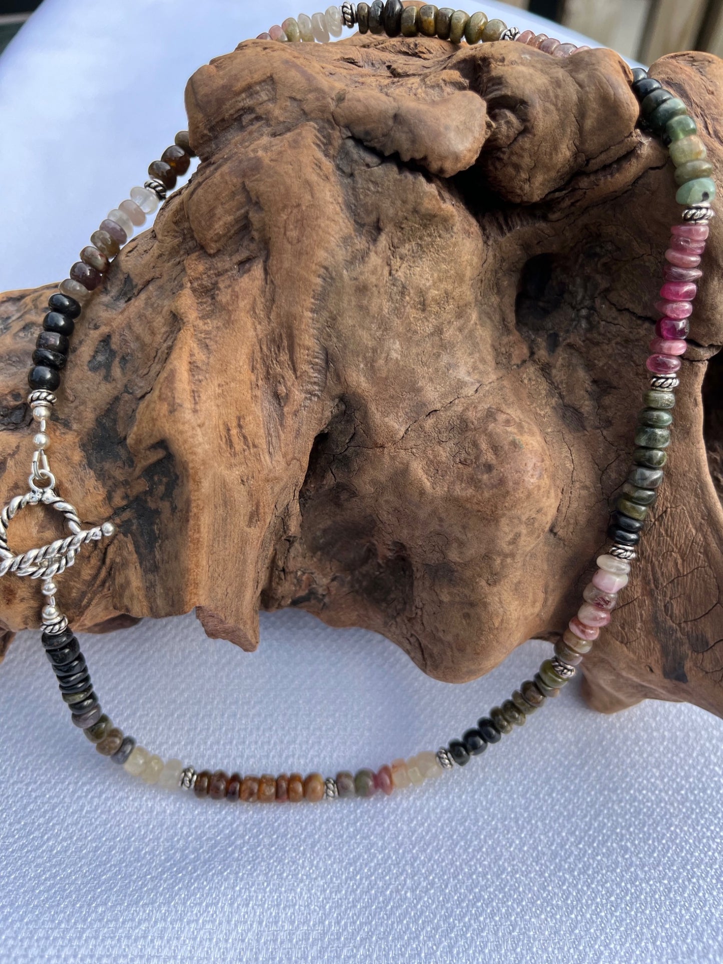 Watermelon Tourmaline Beaded necklace with sterling silver accents - 2