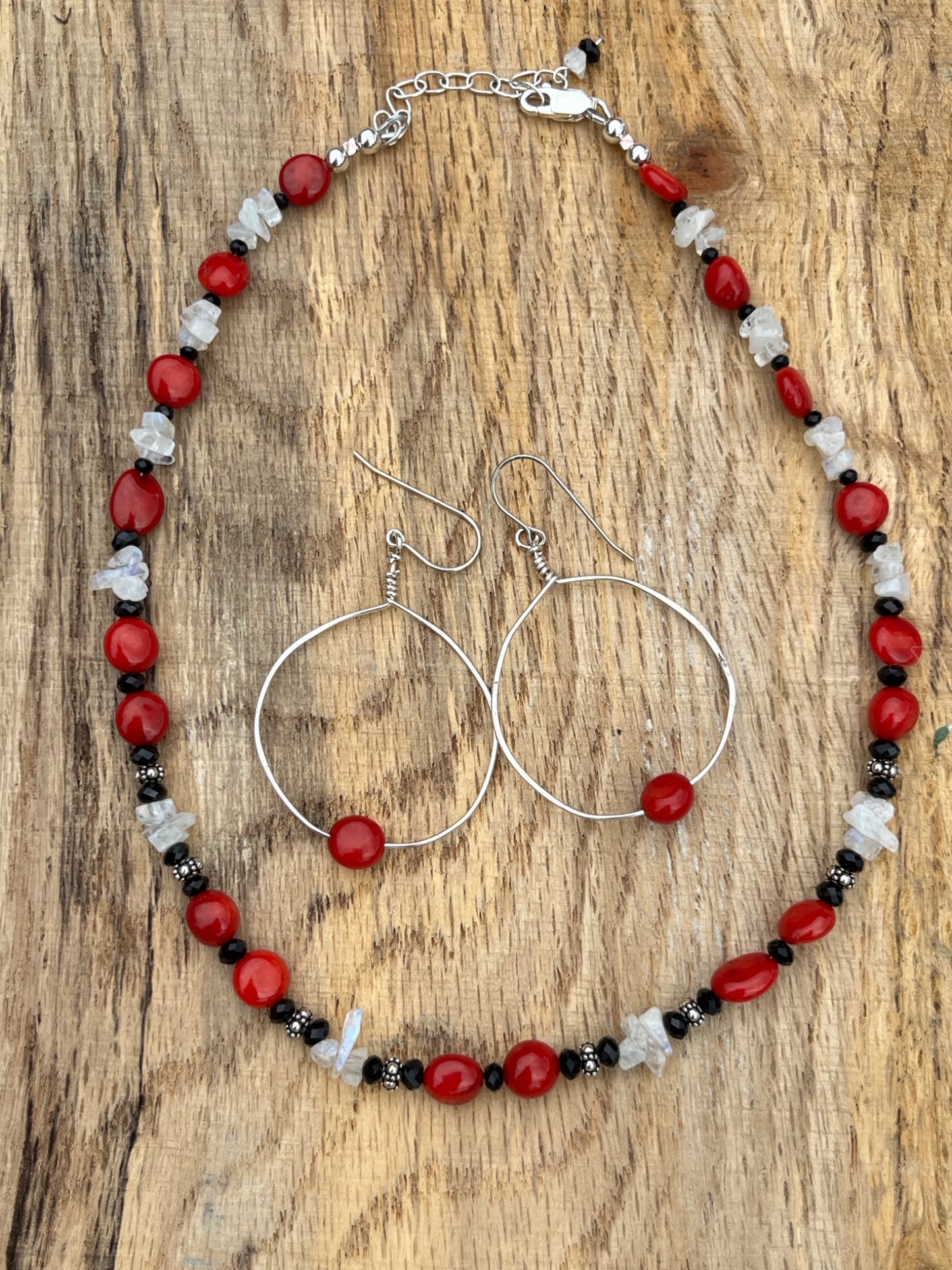 Red Coral, Moonstone and Black Crystal Necklace and Earring Set - 1