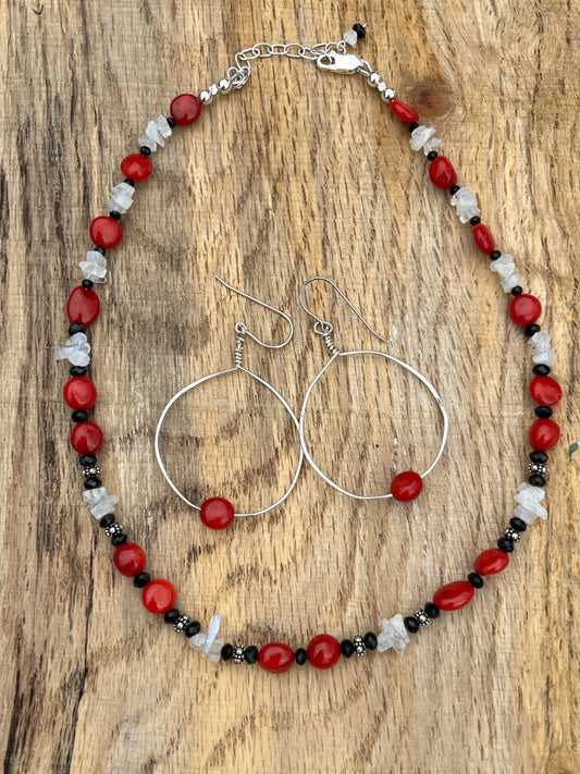 Red Coral, Moonstone and Black Crystal Necklace and Earring Set - 1