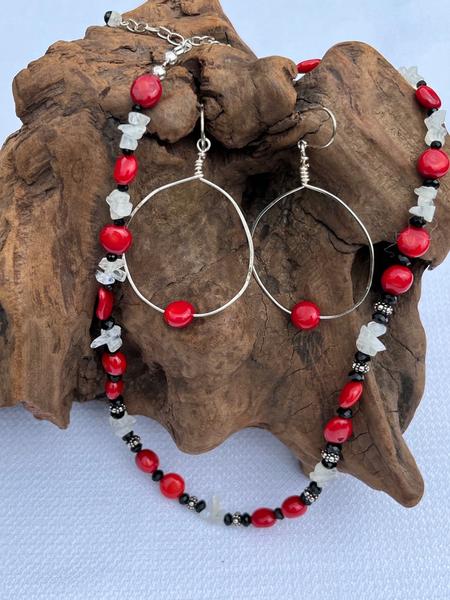 Red Coral, Moonstone and Black Crystal Necklace and Earring Set - 3