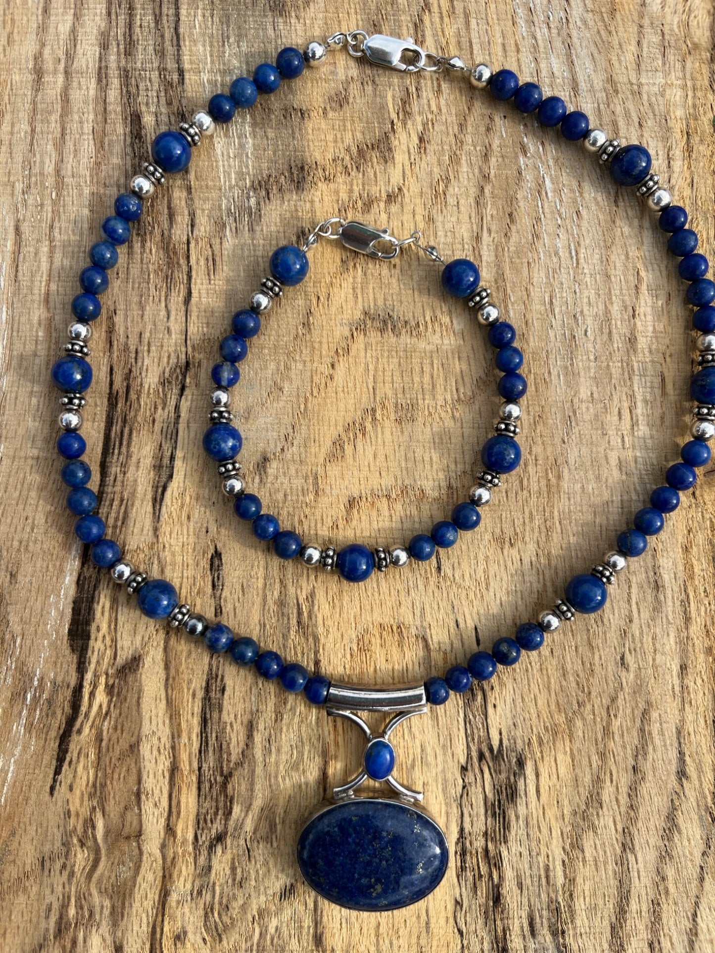 Blue Lapis, Sterling Silver Pendant and Bracelet Set - 1