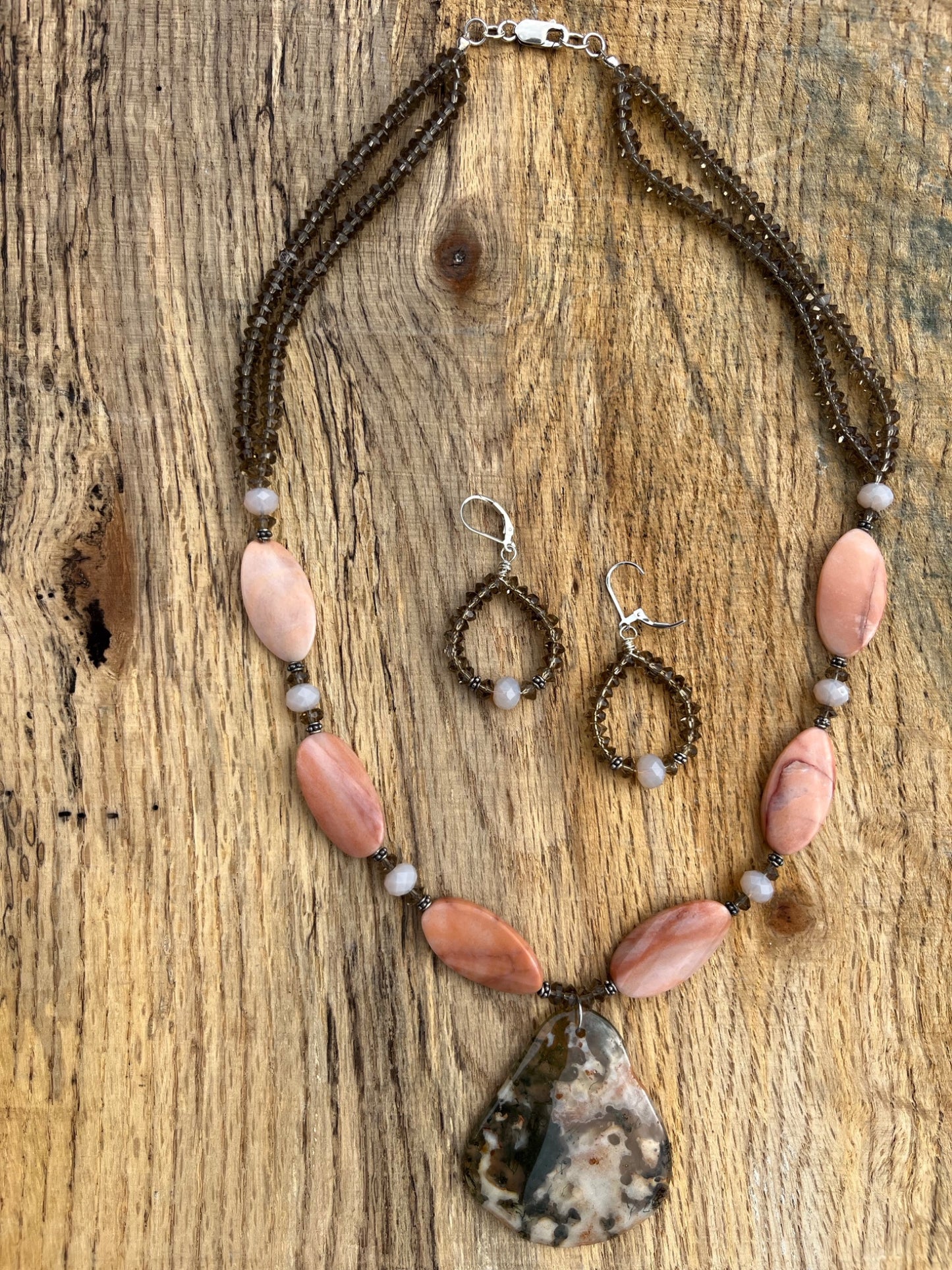 Moss Agate Pendant with Peachy Jasper Beads and Crystal Set - 1