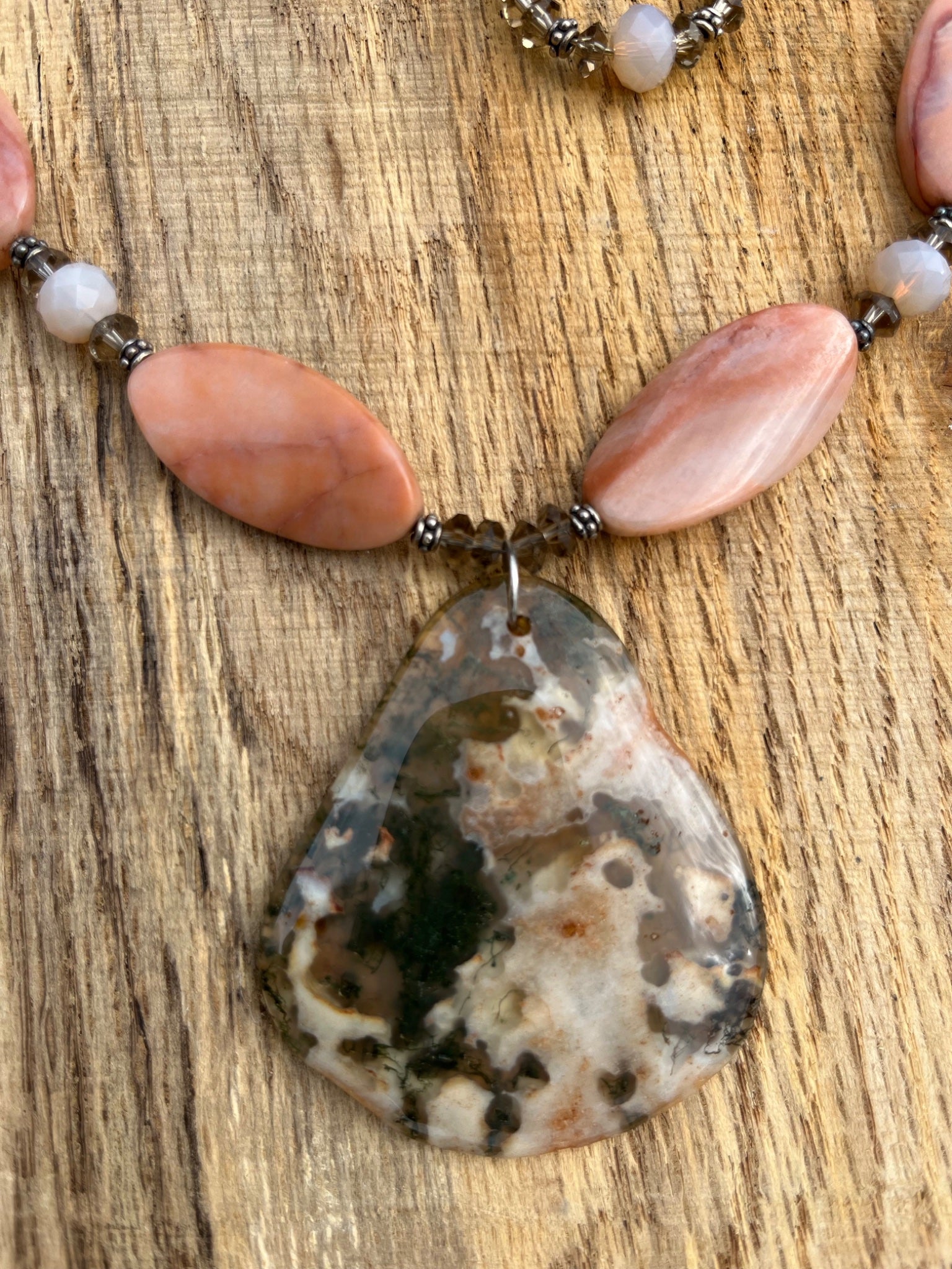 Moss Agate Pendant with Peachy Jasper Beads and Crystal Set - 2