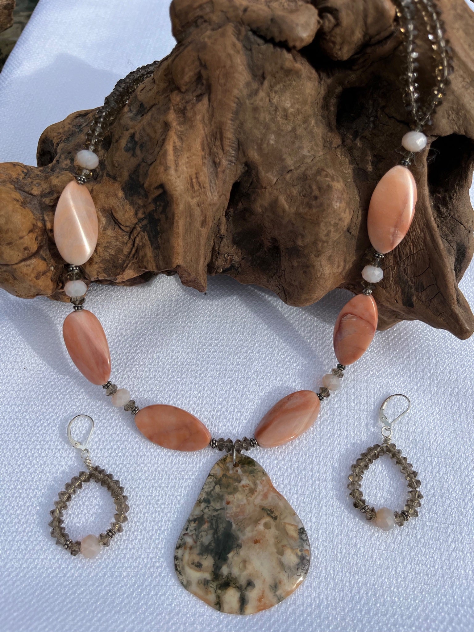 Moss Agate Pendant with Peachy Jasper Beads and Crystal Set - 3