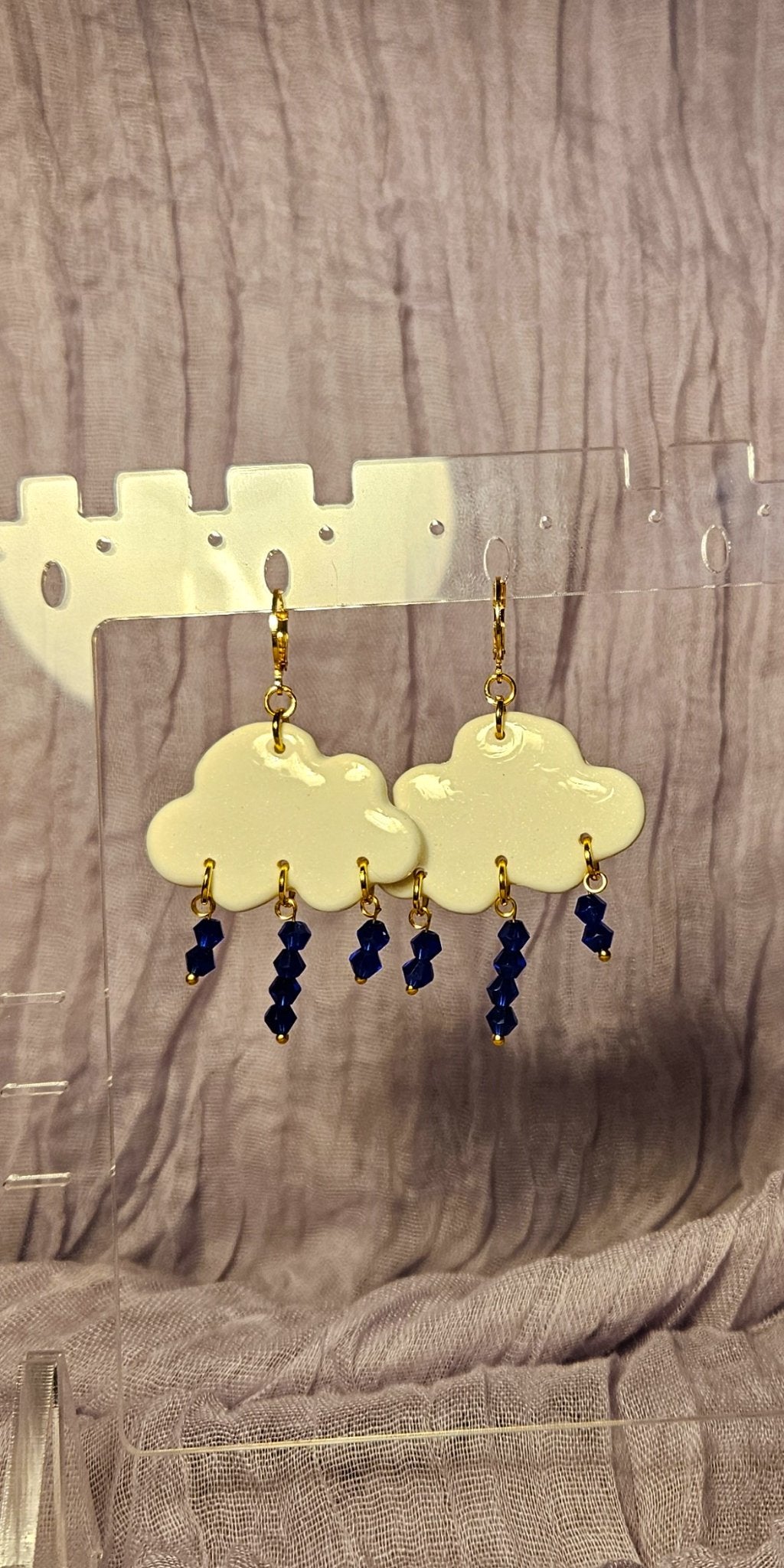 Cloud w/ Dark Blue Rain Drops Earrings - 1