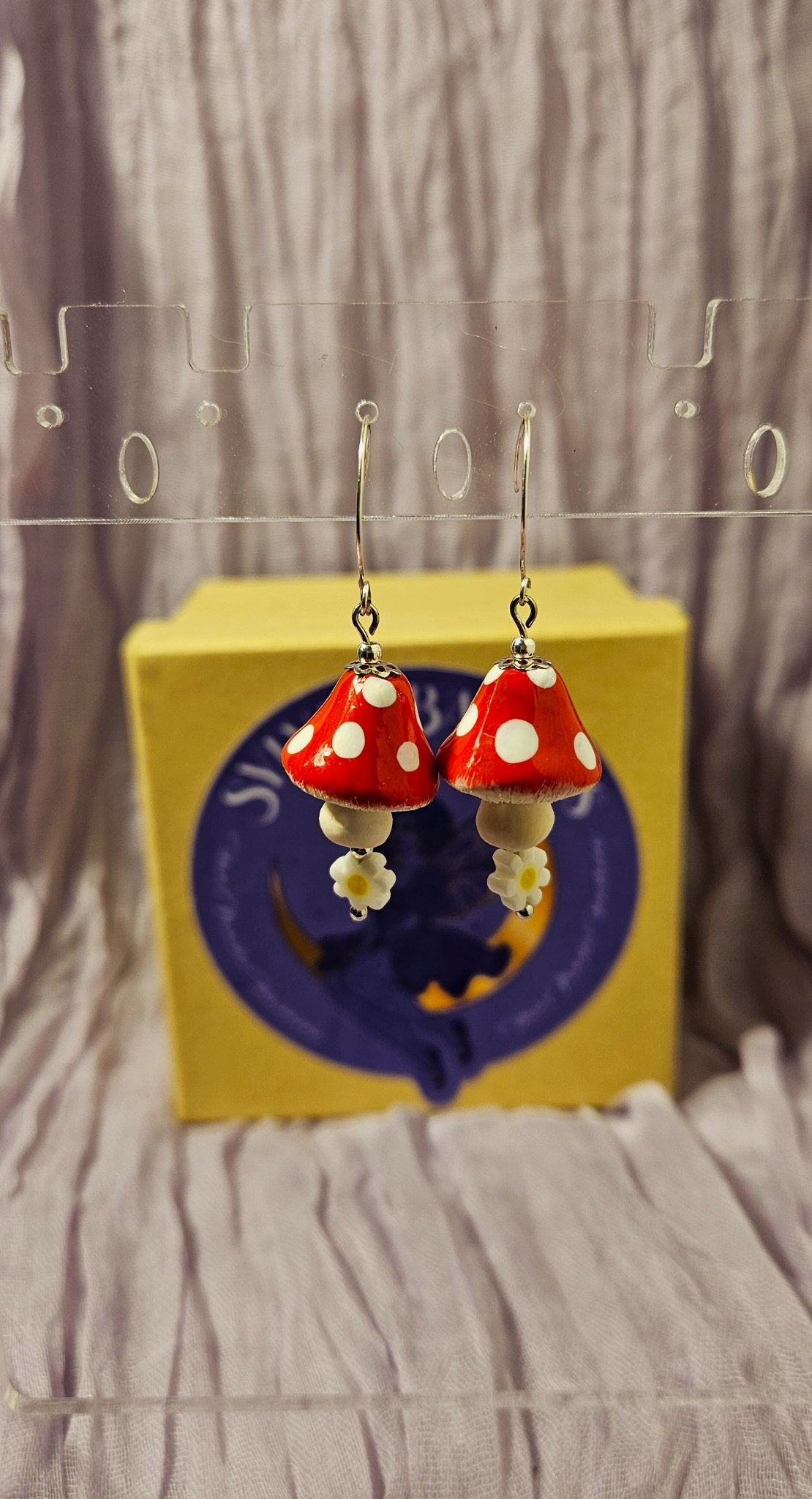 Mushroom - Red W/Daisy Glass Bead Earrings - 1