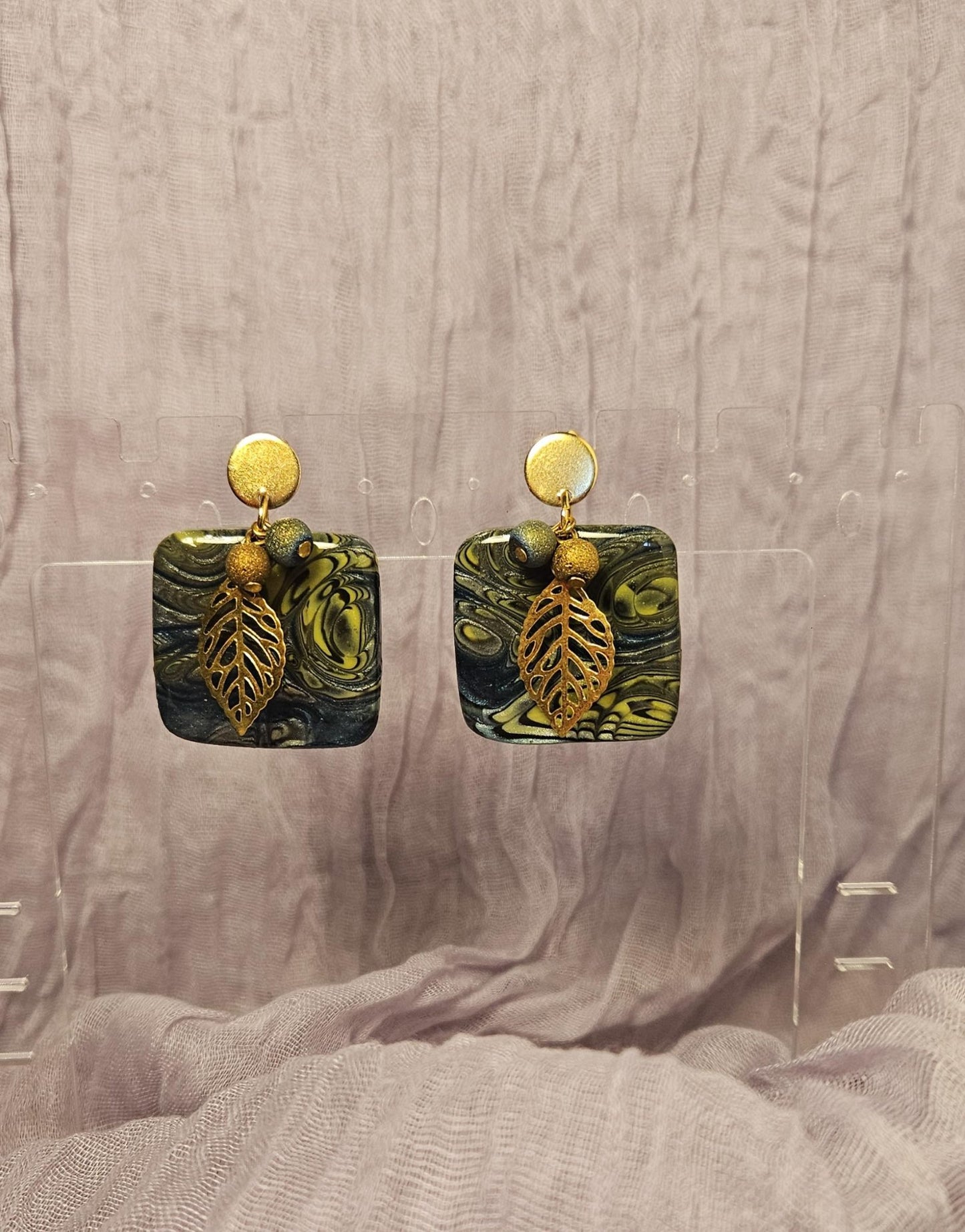 Olive w/Gold Leaf Mokume-Gane Earrings - 1