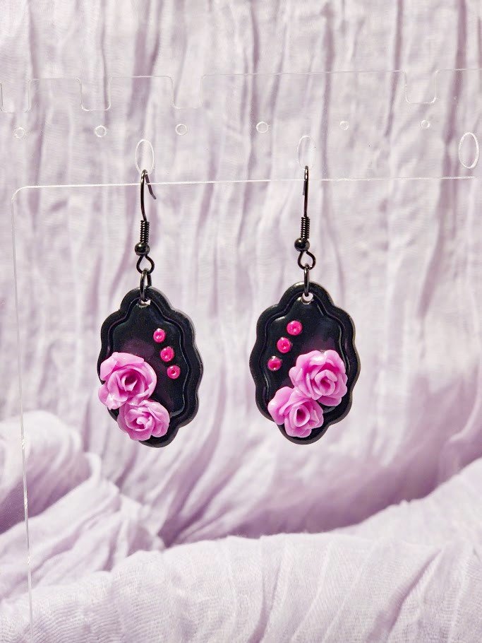 Pink Flowers on Black Earrings - 1