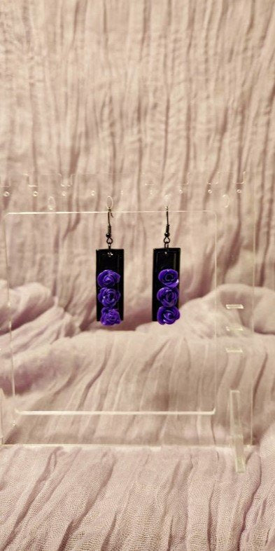 Purple Roses on Black Earrings - 1