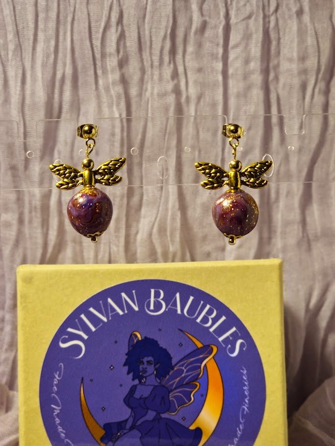 Fairy- Purple Marble w/Gold Earrings - 1