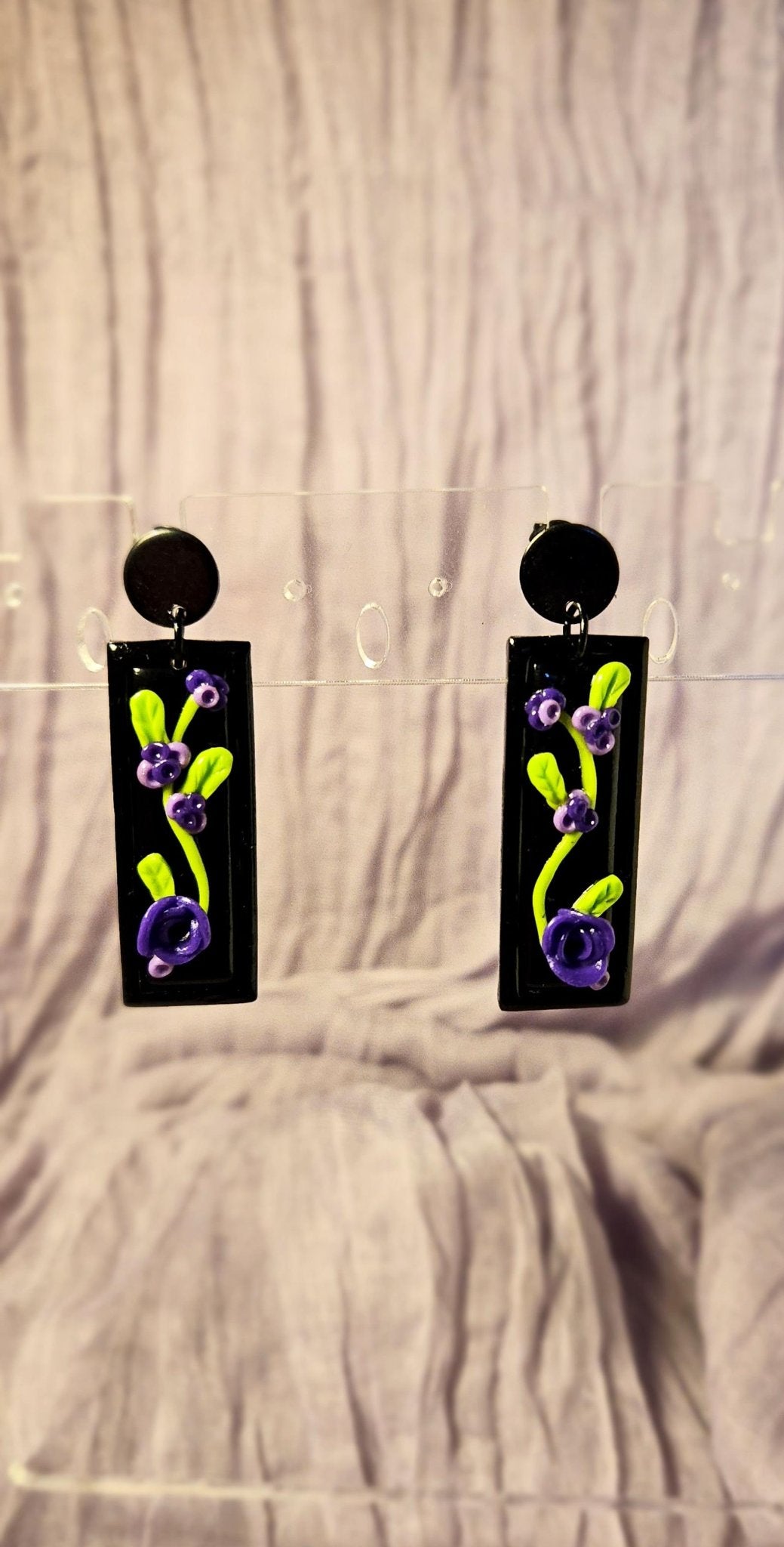 Purple Rose with Vine Earrings - 1