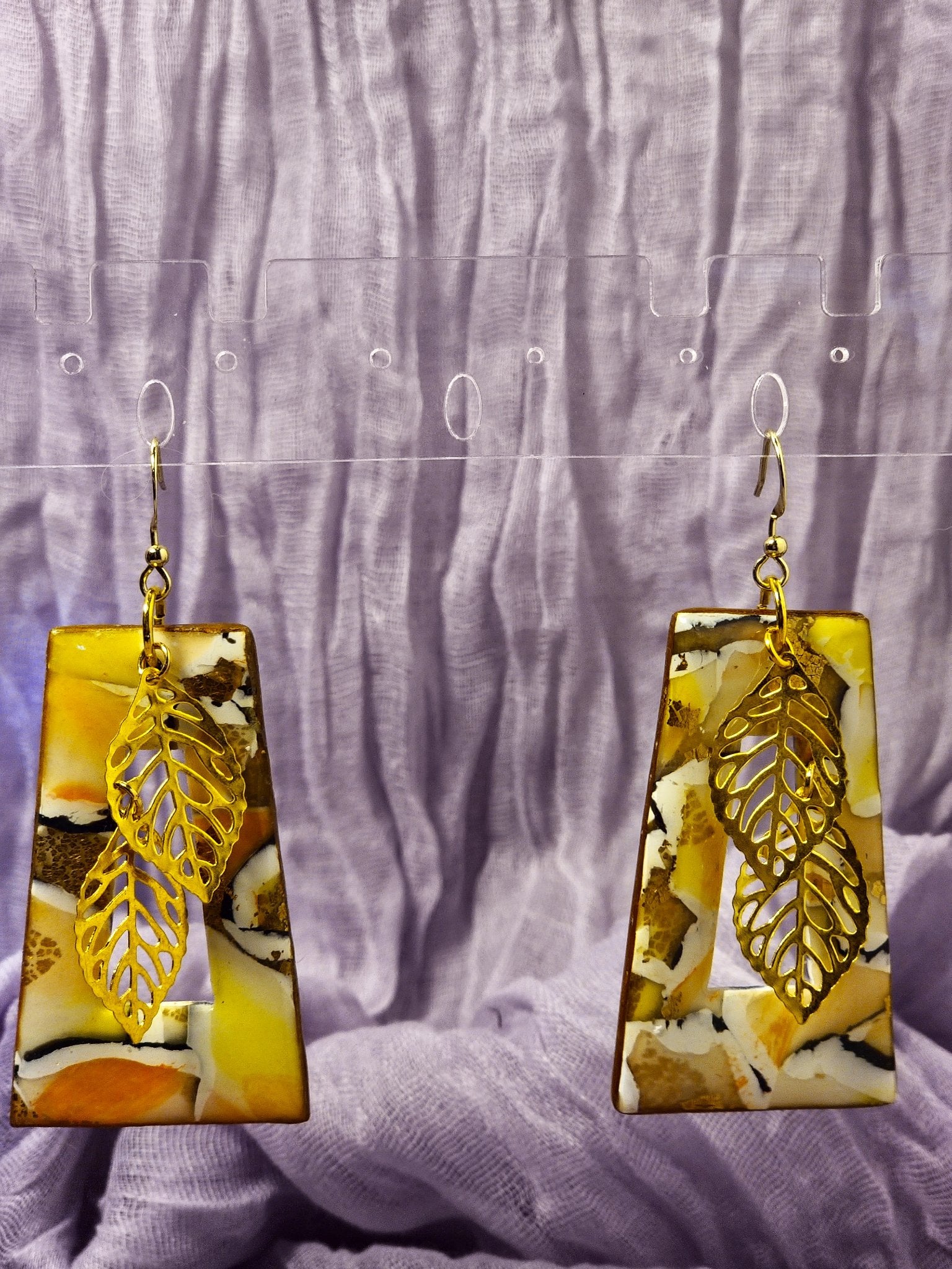 Watercolor- Peach with Gold Leaves Earrings - 1