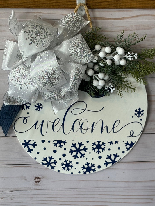 Welcome- Blue Snowflakes Door Hanger - 1