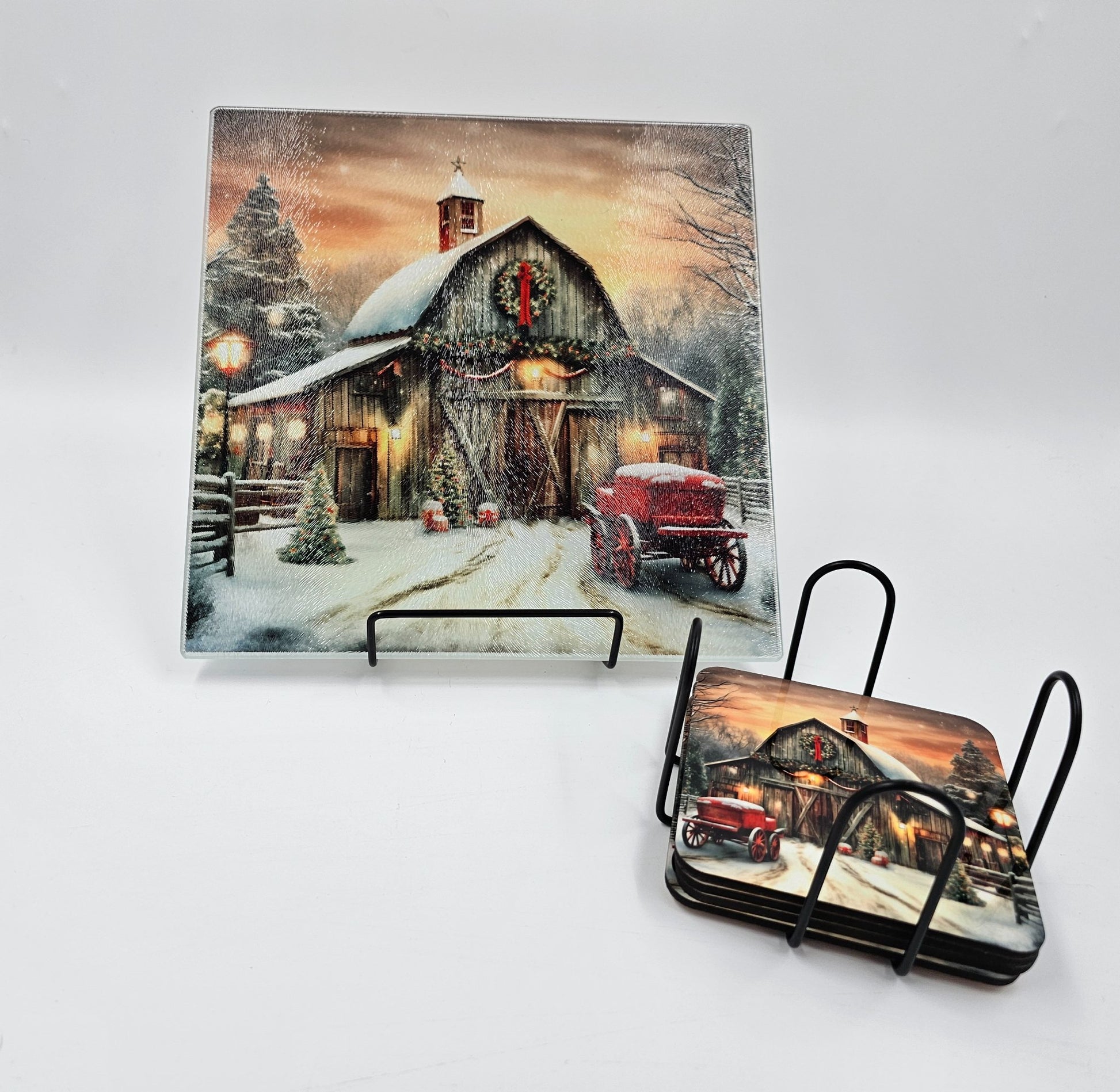 Christmas barn glass cutting board/ coaster set - 1