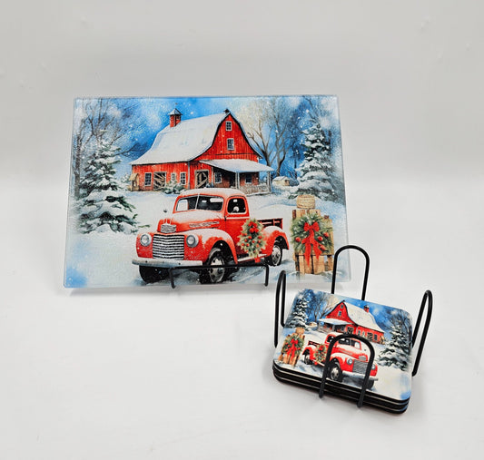 Red truck and barn glass cutting board/ coaster set - 1