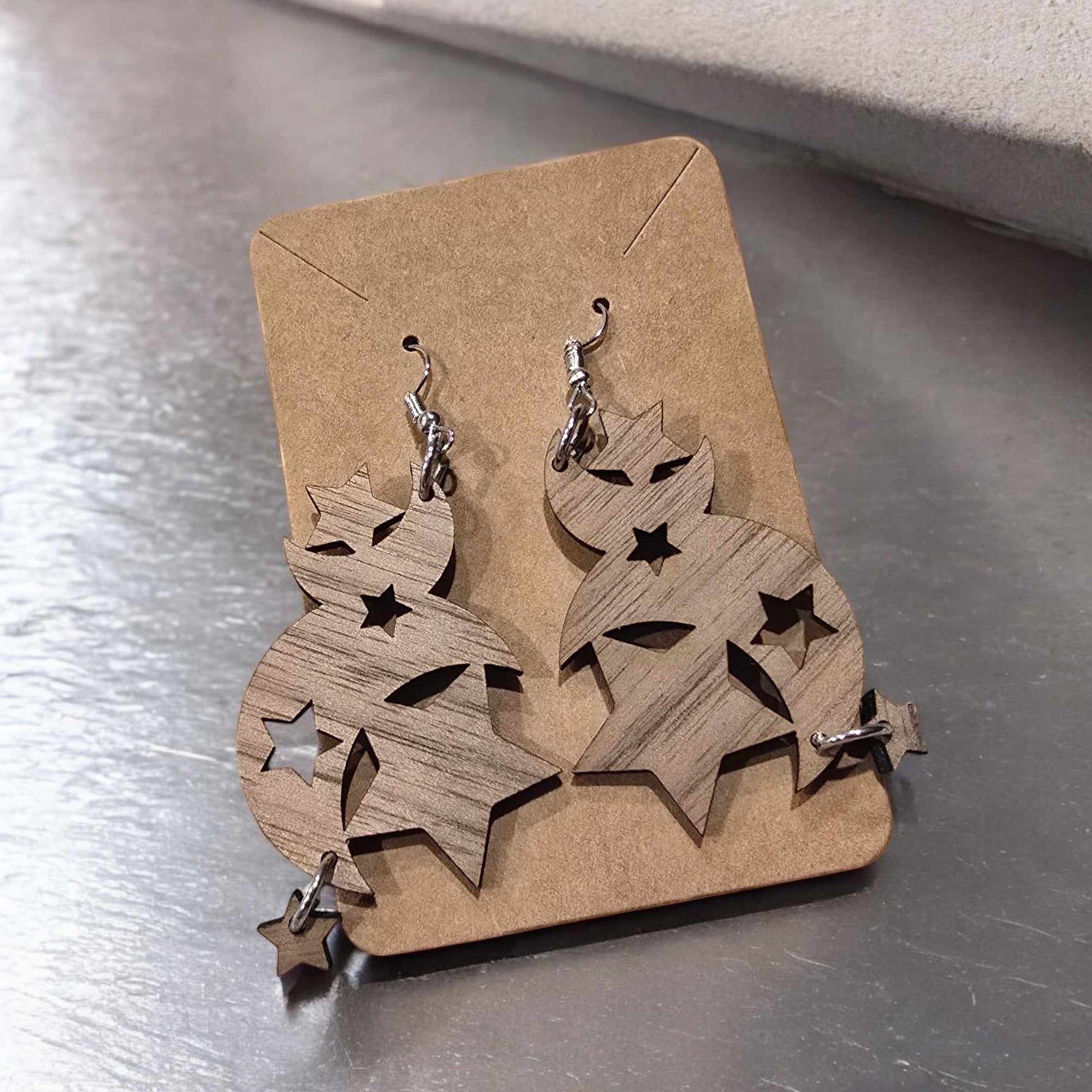 Handmade Wooden Stars and Moon Earrings – Unique Laser-Cut Jewelry - 1