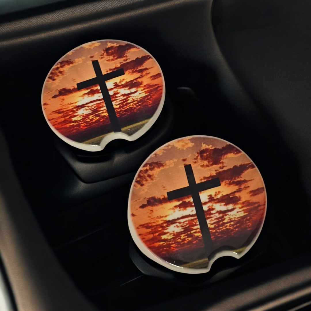 Christian Cross Car Coasters - Set of 2 Ceramic Coasters - 1