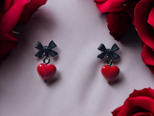 Red Heart Bow Earrings - 1