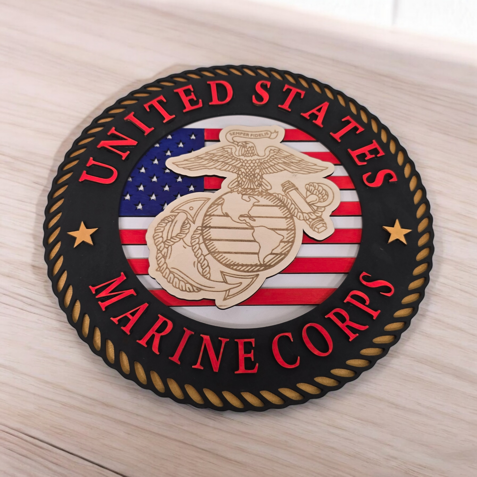 Marine Corps Handcrafted 3D Wooden United States Miliary Sign – 12"x12" - 1