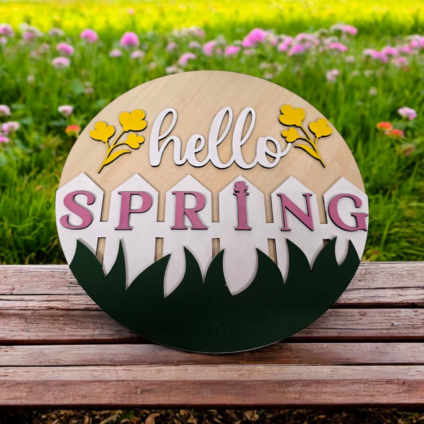 "Hello Spring" Layered Wooden Round Sign – 12"x12" - 1