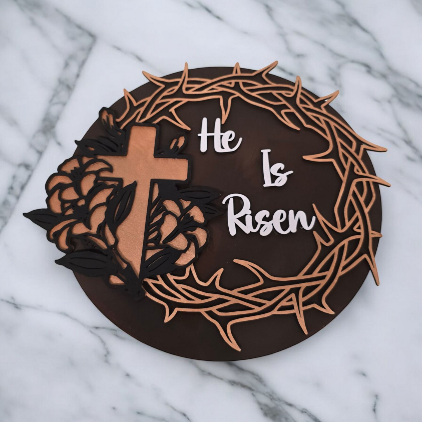 "He Is Risen" Layered Wooden Round Sign – 12"x12" - 1