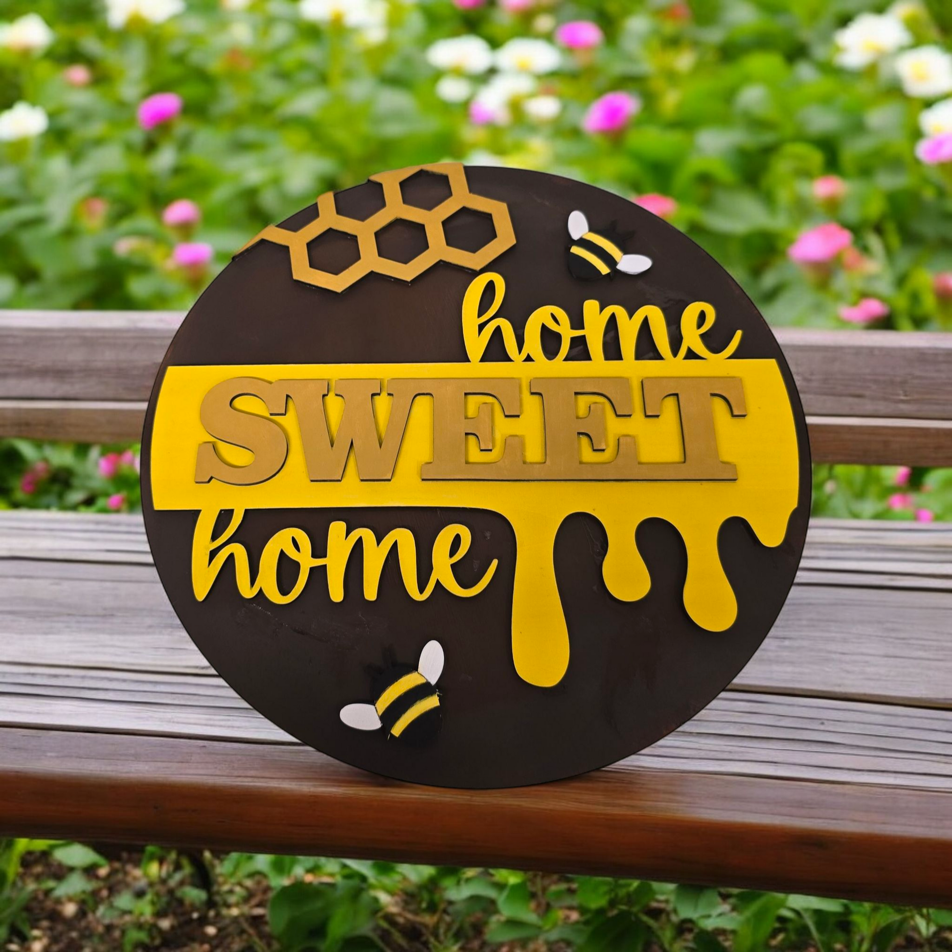 "Home Sweet Home" Honeybee-Themed Layered Wooden Sign – 12"x12" - 1