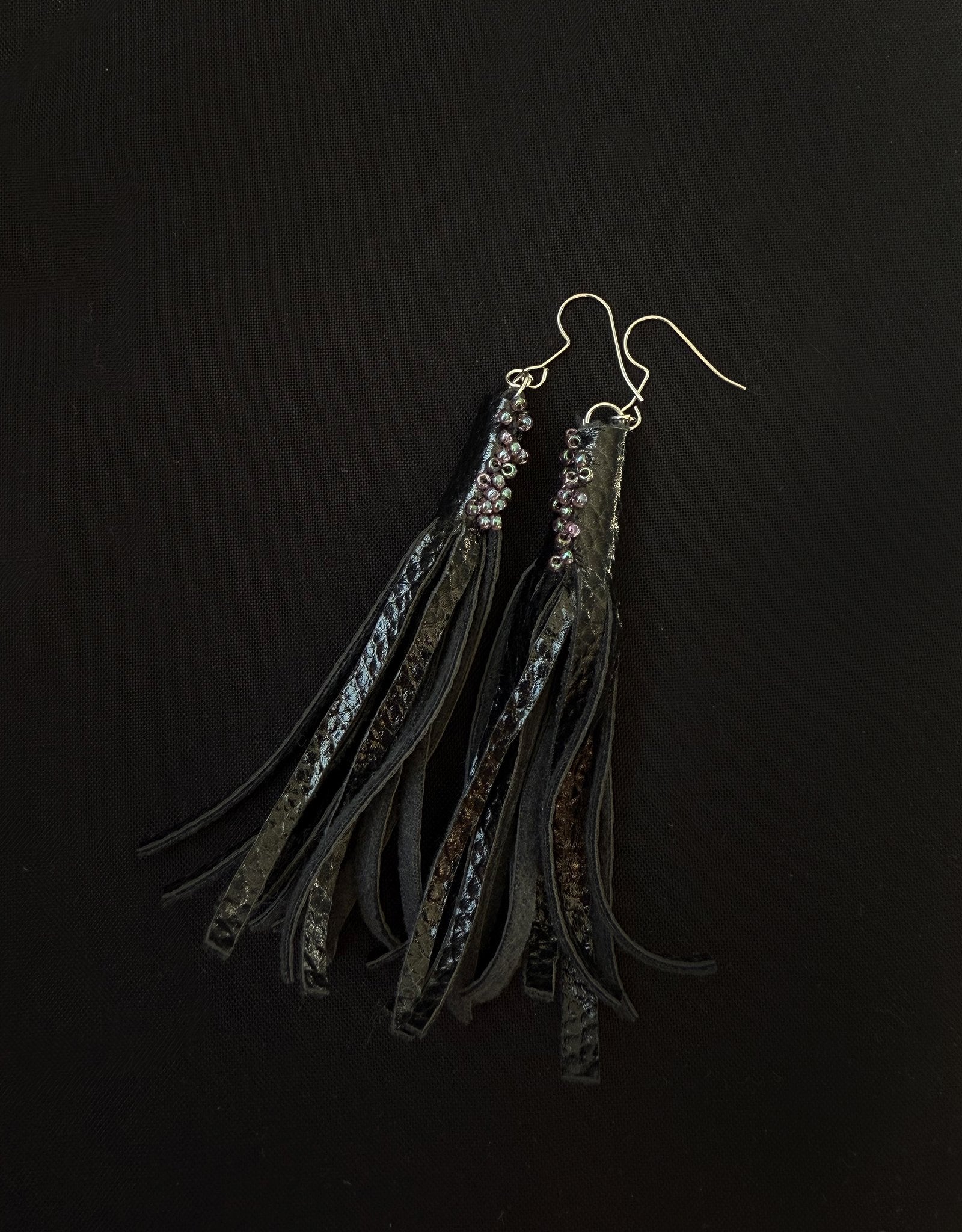 Black faux leather tassel earrings - 1