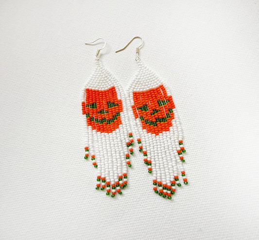 Halloween white and orange beaded earrings - 1