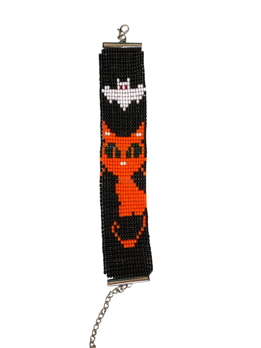 Orange cat Halloween beaded bracelet - 1