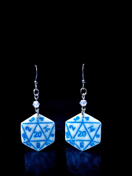 D20 Dice Earrings - Blue/White - 1