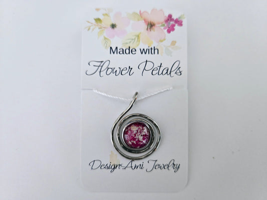 Azalea and peony pendant in a hammered wire swirl design  - 1