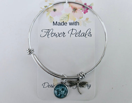 Hydrangea flower petal bangle bracelet with dragonfly charm - 1