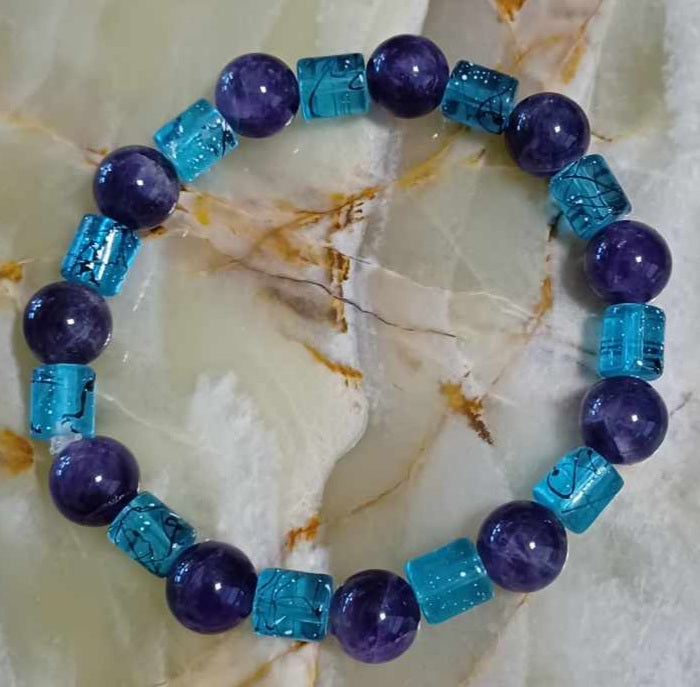 10mm Amethyst  Stone with Turquoise Glass Beads stretch bracelet - 1