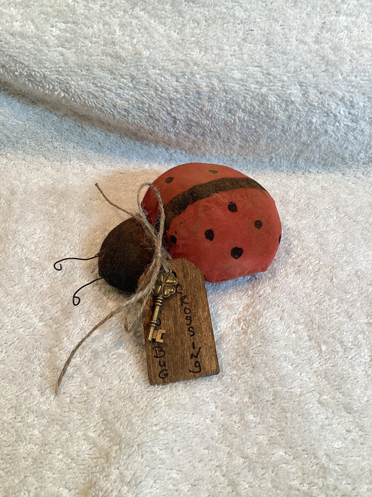 Primitive Cinnamon Scented Small Ladybugs w-wood tag and vintage style skeleton key charm.