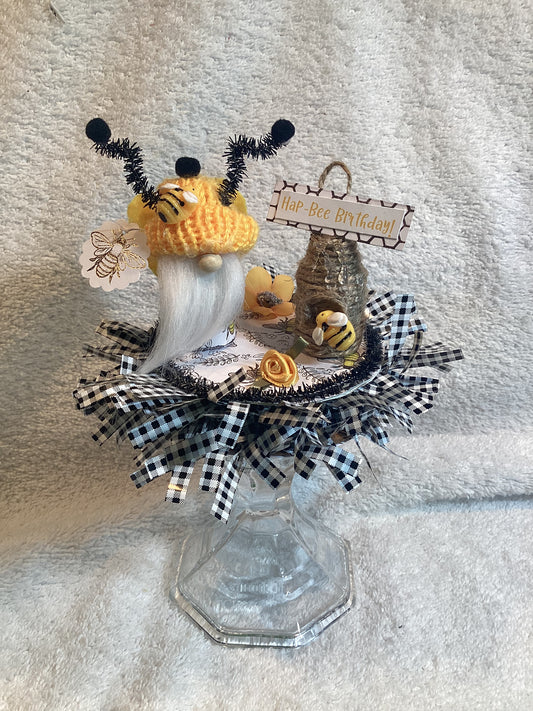 Sentiment Mini Bee Gnome and Hive Yellow& Black-w Hap-Bee Birthday Greeting