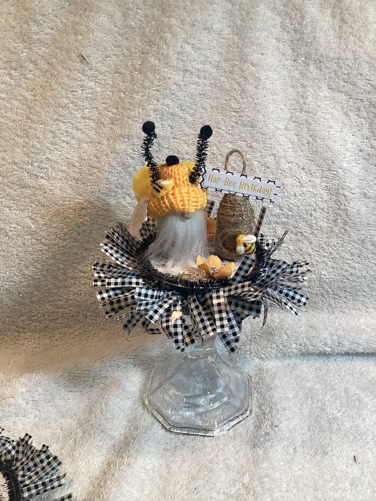 Sentiment Mini Bee Gnome and Hive Yellow& Black-w Hap-Bee Birthday Greeting