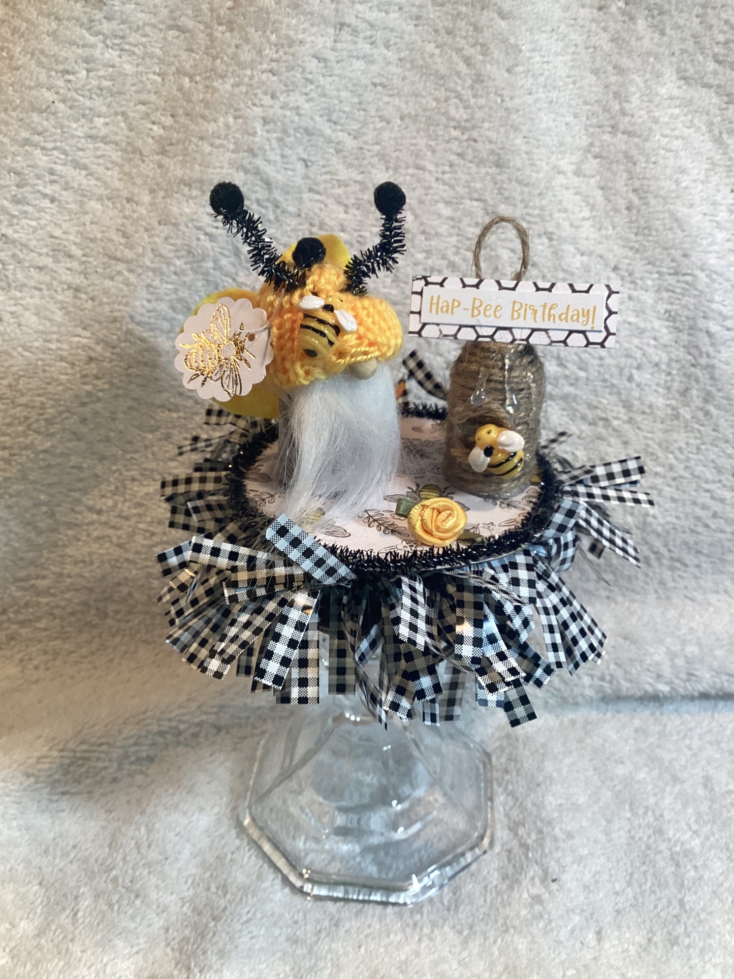 Sentiment Mini Bee Gnome and Hive Yellow& Black-w Hap-Bee Birthday Greeting