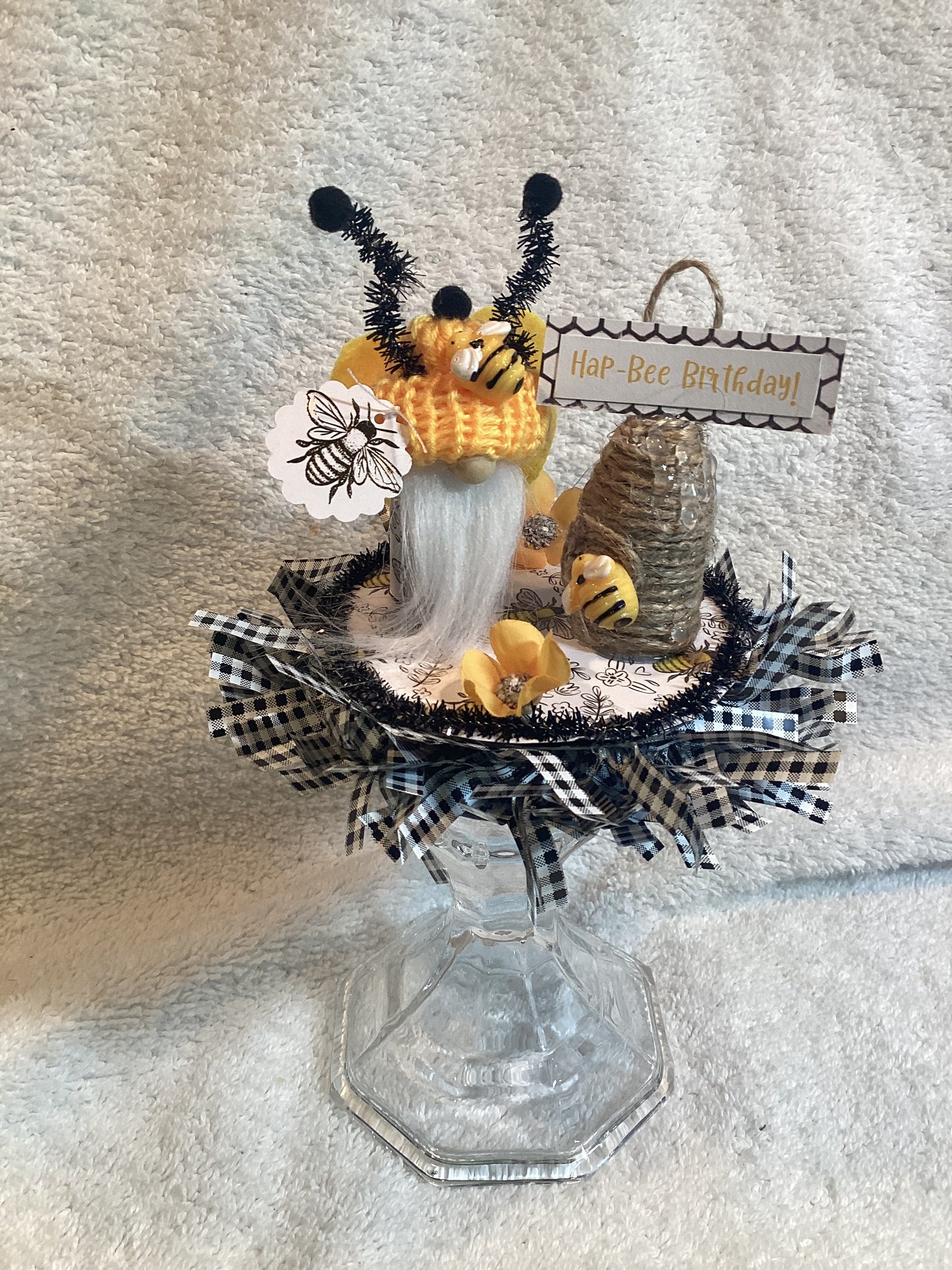 Sentiment Mini Bee Gnome and Hive Yellow& Black-w Hap-Bee Birthday Greeting