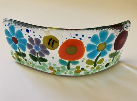Curved Stand Alone Fused Glass Flower Garden with Bee