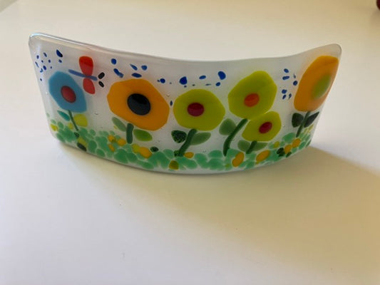 Curved Stand Alone Fused Glass Flower Garden with butterfly