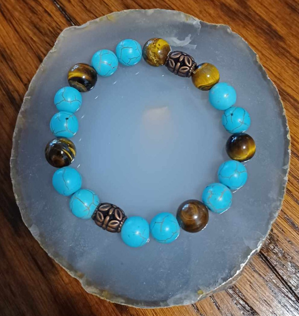 10mm Tiger Eye & Turquoise Dyed Howlett Stone stretch bracelet - 1