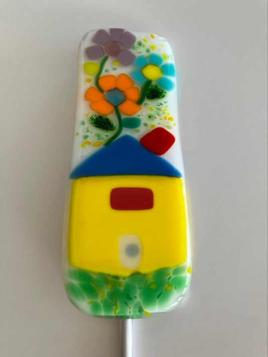 Fused Glass House and Flowers Garden Stake/Plant Companion/Garden Art/Plant Art - 1